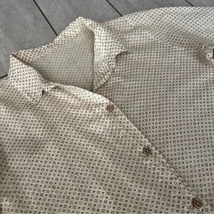 Y2K Womens Button Down Monogram All Over Print Blouse M/L Cream 90s Sheer Preppy